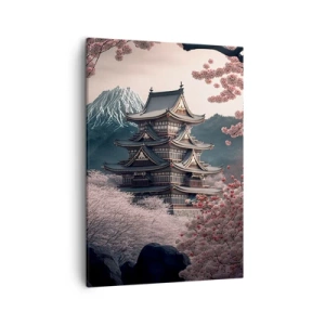 Impression sur toile - Image sur toile - Un temple japonais entouré de cerisiers en fleurs et de montagnes - 50x70cm - Le pays des cerisiers en fleurs - Décoration murale moderne pour le salon et la chambre ARTTOR