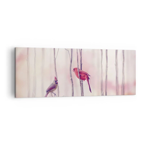 Impression sur toile - Image sur toile - Un couple de cardinaux perchés sur des branches dans un paysage pastel - 140x50cm - Conte de la forêt rose - Décoration murale moderne pour le salon et la chambre ARTTOR