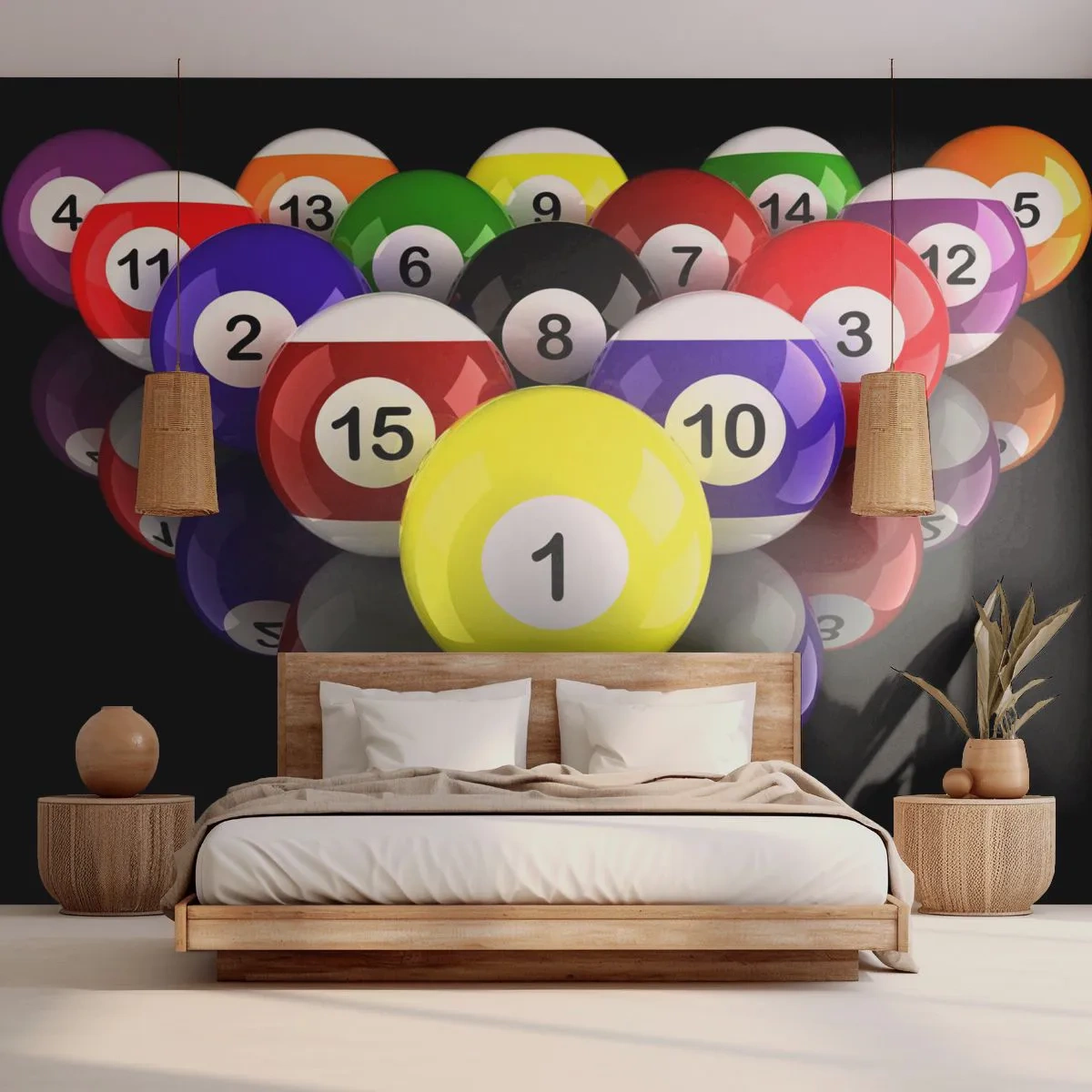 Papier Peint Photo Premium Canvas - Boules de billard colorées disposées en triangle sur fond noir - 100x70cm - Différentes couleurs de jeu - Décoration murale moderne pour le salon et la chambre ARTTOR