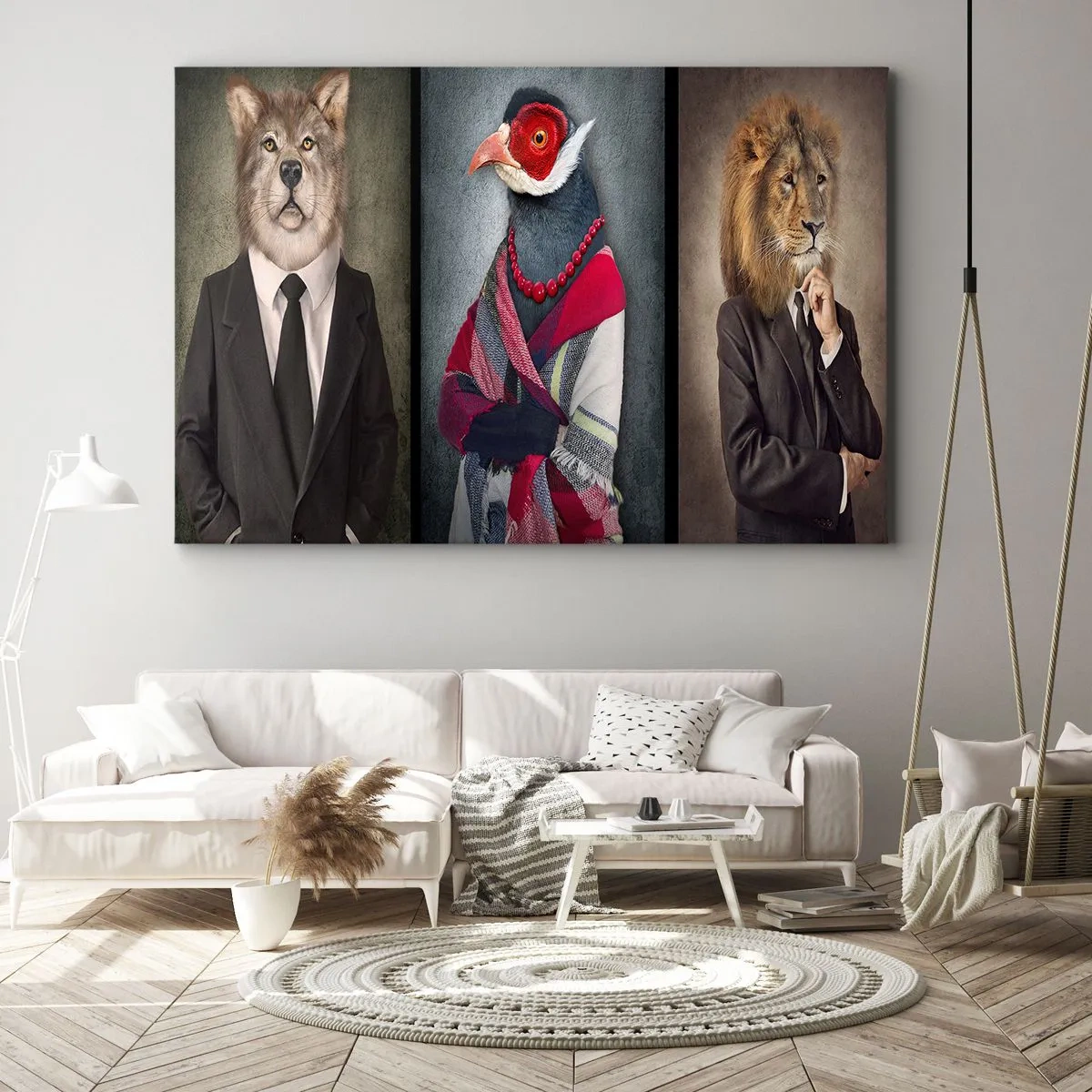Impression sur toile - Image sur toile - Portraits stylisés d'un loup, d'un faisan et d'un lion en vêtements élégants - 70x50cm - Qu'est ce que je fais ici?! - Décoration murale moderne pour le salon et la chambre ARTTOR