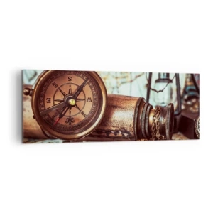 Impression sur toile - Image sur toile - Un ensemble rétro avec une boussole, un télescope et une carte sur le thème du voyage - 140x50cm - Une aventure de pirates dans les Caraïbes vous attend - Décoration murale moderne pour le salon et la chambre ARTTO