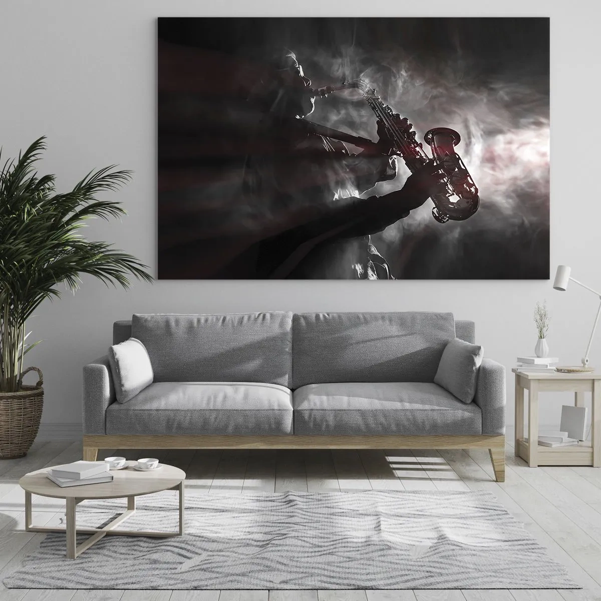 Impression sur verre - Image sur verre - Saxophoniste dans un nuage de fumée en noir et blanc - 70x50cm - Dans les brumes du jazz - Décoration murale moderne pour le salon et la chambre ARTTOR