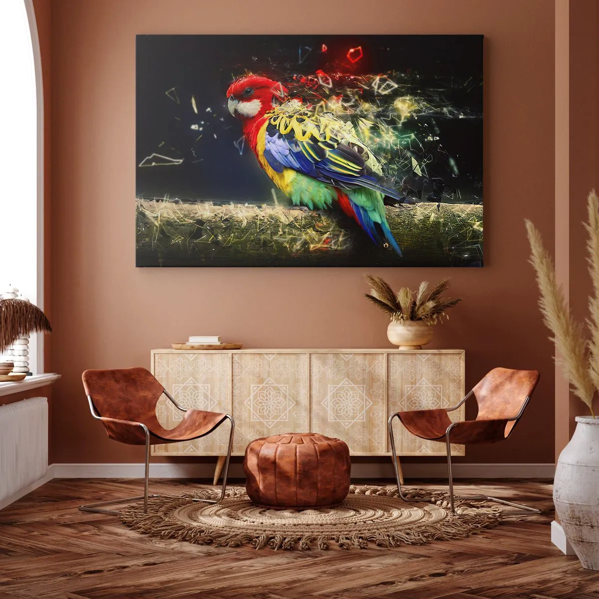 Impression sur toile - Image sur toile - Un perroquet aux couleurs vives sur un fond d'effets de lumière - 100x70cm - Messager d'éclat - Décoration murale moderne pour le salon et la chambre ARTTOR