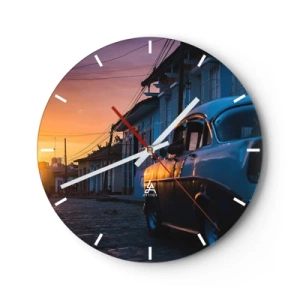 Horloge murale - Pendule murale - Voiture ancienne dans la rue au coucher du soleil - 30x30cm - Ici, le temps ralentit - Décoration murale moderne pour le salon, la cuisine et la chambre ARTTOR