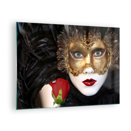 Impression sur verre - Image sur verre - Masque de carnaval avec une rose rouge - 70x50cm - Parce que la vie est un grand bal - Décoration murale moderne pour le salon et la chambre ARTTOR