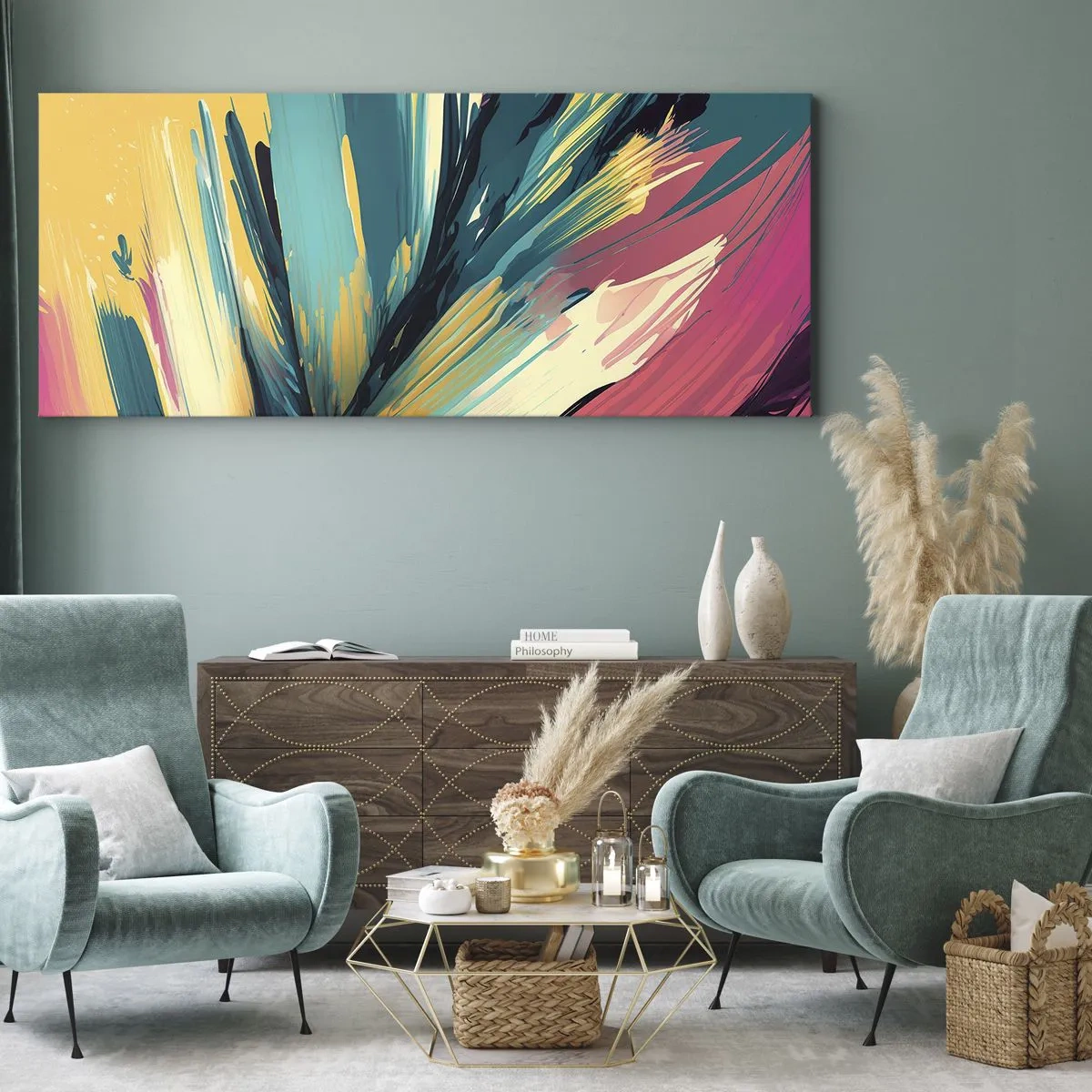 Impression sur toile - Image sur toile - Une composition abstraite aux couleurs intenses et contrastées. - 120x50cm - Composition – une explosion de joie - Décoration murale moderne pour le salon et la chambre ARTTOR