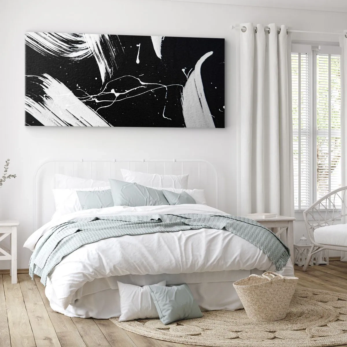 Impression sur toile - Image sur toile - Traits blancs abstraits sur fond noir - 120x50cm - Briser les ténèbres - Décoration murale moderne pour le salon et la chambre ARTTOR