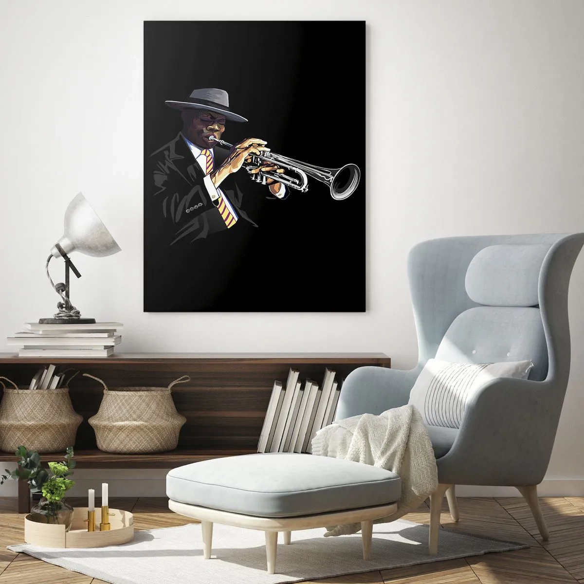 Impression sur verre - Image sur verre - Un musicien noir avec une trompette et un chapeau sur fond noir - 50x70cm - Le charme de la vieille école - Décoration murale moderne pour le salon et la chambre ARTTOR