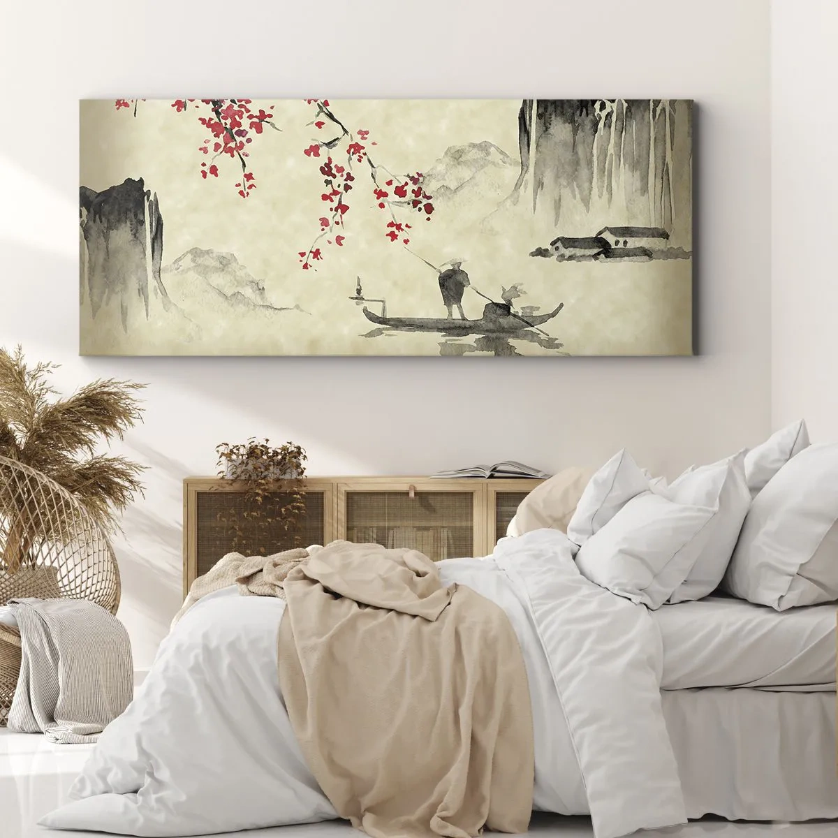 Impression sur toile - Image sur toile - Illustration orientale avec un bateau et une branche fleurie - 160x50cm - Au pays des cerisiers en fleurs - Décoration murale moderne pour le salon et la chambre ARTTOR