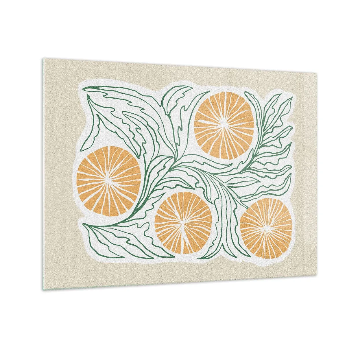 Impression sur verre - Image sur verre - Fruits orange et feuilles vertes dans une composition graphique - 70x50cm - Ethnique avec une pointe d'abstraction - Décoration murale moderne pour le salon et la chambre ARTTOR