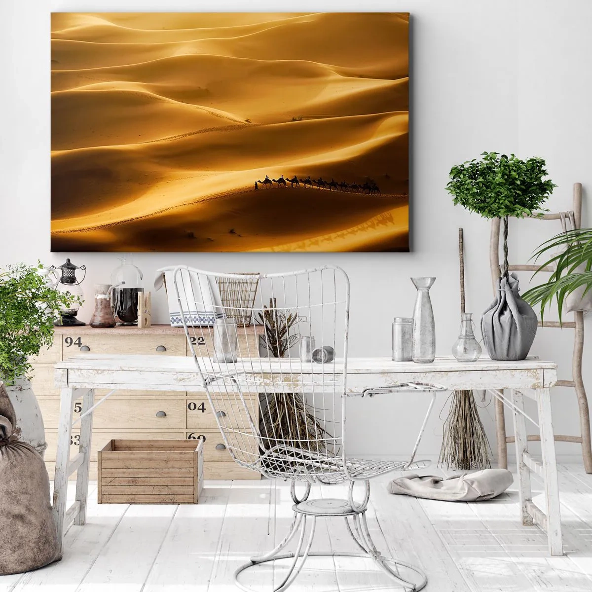 Impression sur toile - Image sur toile - Une caravane de chameaux errant à travers les dunes dorées du désert. - 120x80cm - Caravane sur les vagues du désert - Décoration murale moderne pour le salon et la chambre ARTTOR