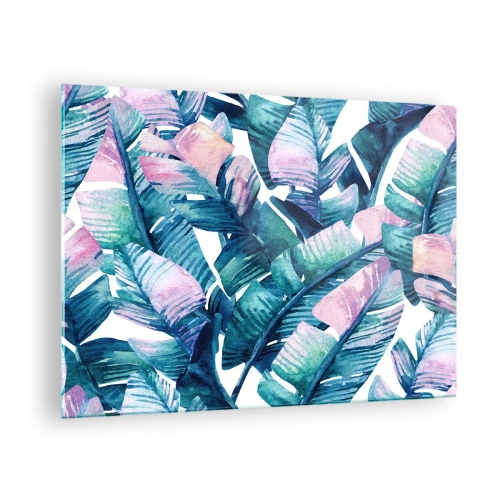 Impression sur verre - Image sur verre - Feuilles de bananier aux tons pastel sur fond blanc - 70x50cm - Dans une bananeraie - Décoration murale moderne pour le salon et la chambre ARTTOR