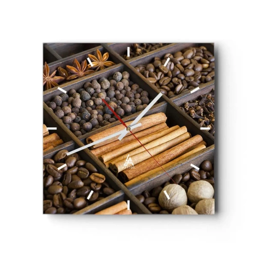 Horloge murale - Pendule murale - Épices et café dans des compartiments en bois - 30x30cm - Trésor d'arômes - Décoration murale moderne pour le salon et la chambre ARTTOR