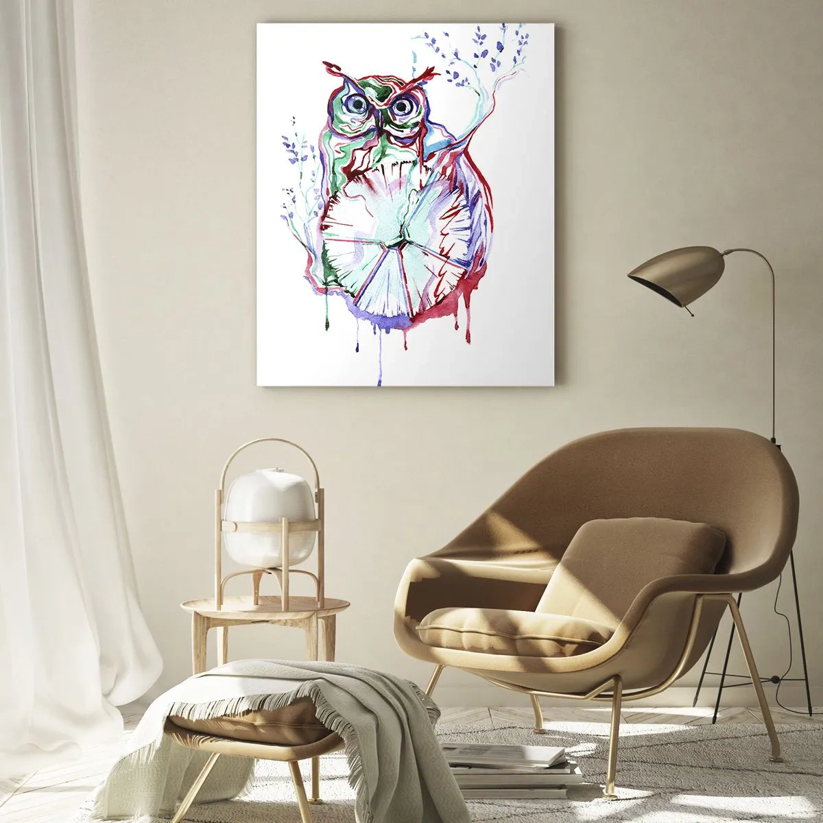 Impression sur verre - Image sur verre - Hibou abstrait dans une composition aquarelle colorée - 50x70cm - Sage par nature - Décoration murale moderne pour le salon et la chambre ARTTOR