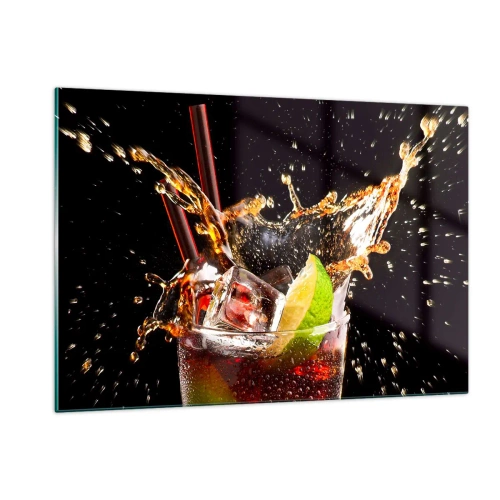 Impression sur verre - Image sur verre - Un verre de boisson avec du citron vert et des éclaboussures sur un fond noir - 120x80cm - Joie et énergie des couleurs - Décoration murale moderne pour le salon et la chambre ARTTOR