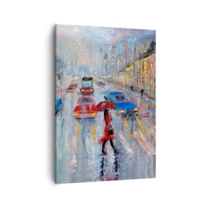 Impression sur toile - Image sur toile - Une femme avec un parapluie dans une rue pluvieuse à la lumière du néon. - 50x70cm - Après-midi pluvieux en ville - Décoration murale moderne pour le salon et la chambre ARTTOR