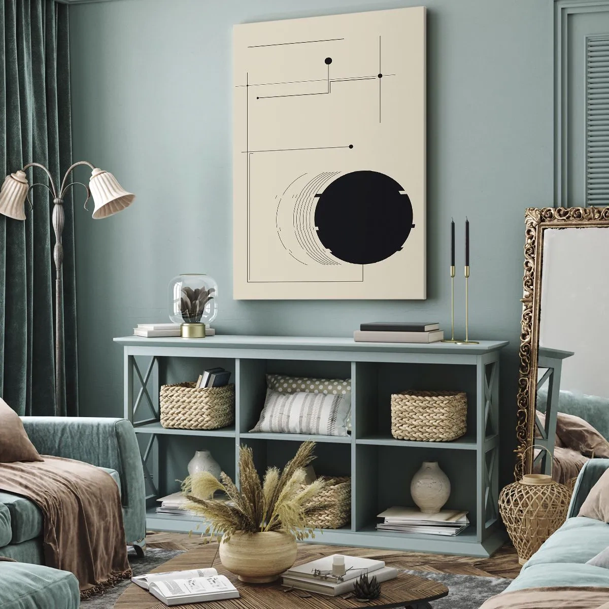 Impression sur toile - Image sur toile - Lignes géométriques noires et un cercle sur fond beige - 50x70cm - Une composition flexible et dynamique - Décoration murale moderne pour le salon et la chambre ARTTOR