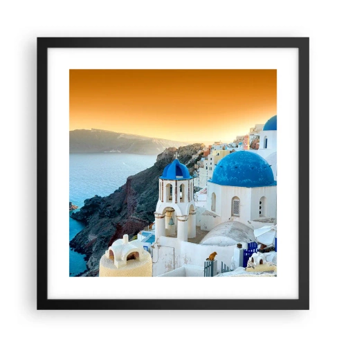 Affiche dans un cadre noir - Poster - Santorin - blotti contre les rochers - 40x40 cm