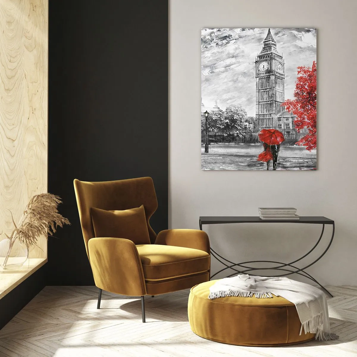 Impression sur verre - Image sur verre - Vue emblématique de Londres avec Big Ben, un bus rouge et un parapluie - 80x120cm - Une journée passionnante - Décoration murale moderne pour le salon et la chambre ARTTOR