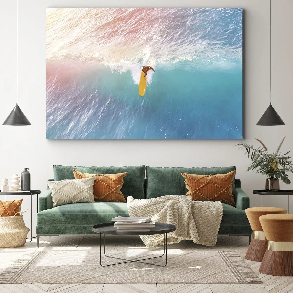 Impression sur toile - Image sur toile - Surfeur sur une vague aux couleurs pastel - 70x50cm - Le cavalier de l'océan - Décoration murale moderne pour le salon et la chambre ARTTOR