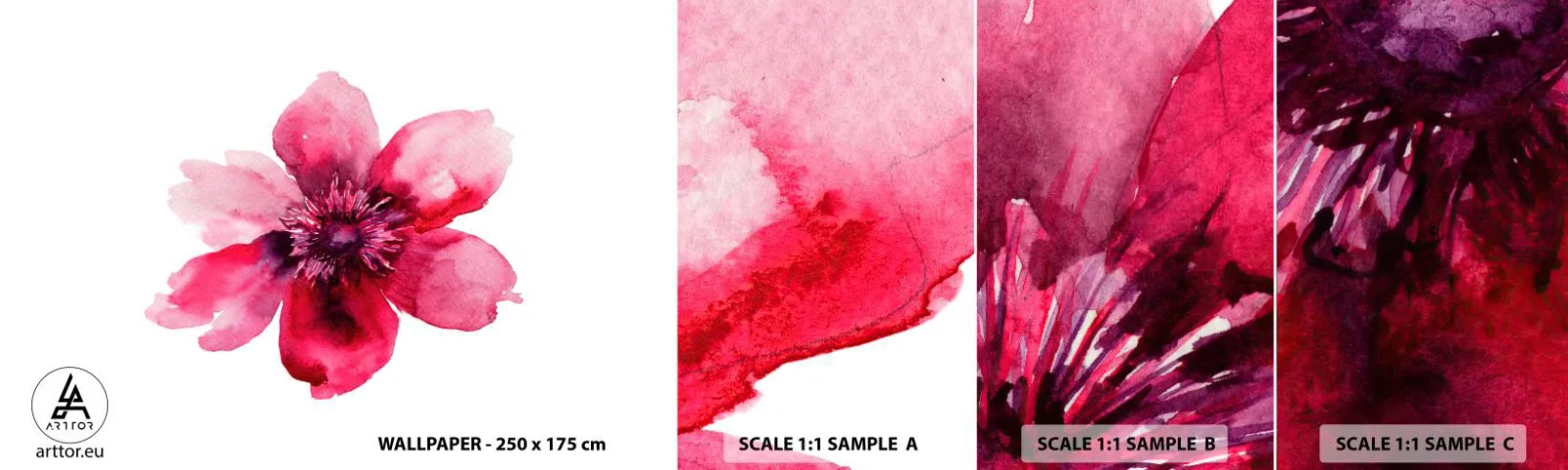 Échantillon de Papier Peint Autocollant Deluxe Sticker - Un baiser parfumé au carmin - Fleur, Aquarelles, Graphique - 100x30 cm