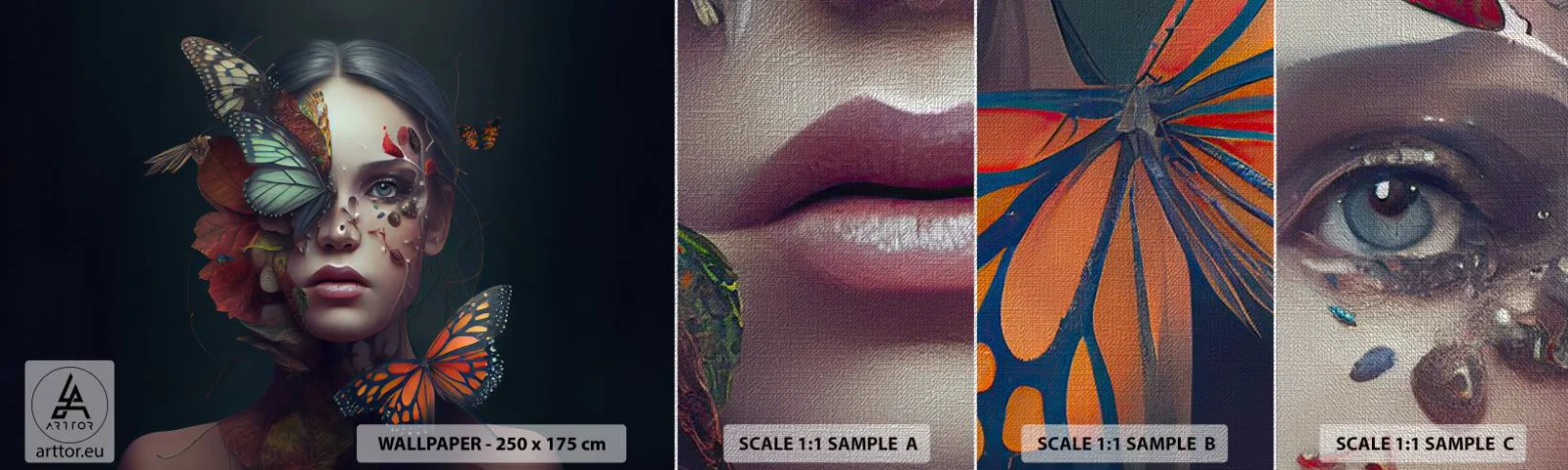 Échantillon de Papier Peint Premium Canvas - Une merveilleuse métamorphose - Papillons, Affronter, Femme - 100x30 cm