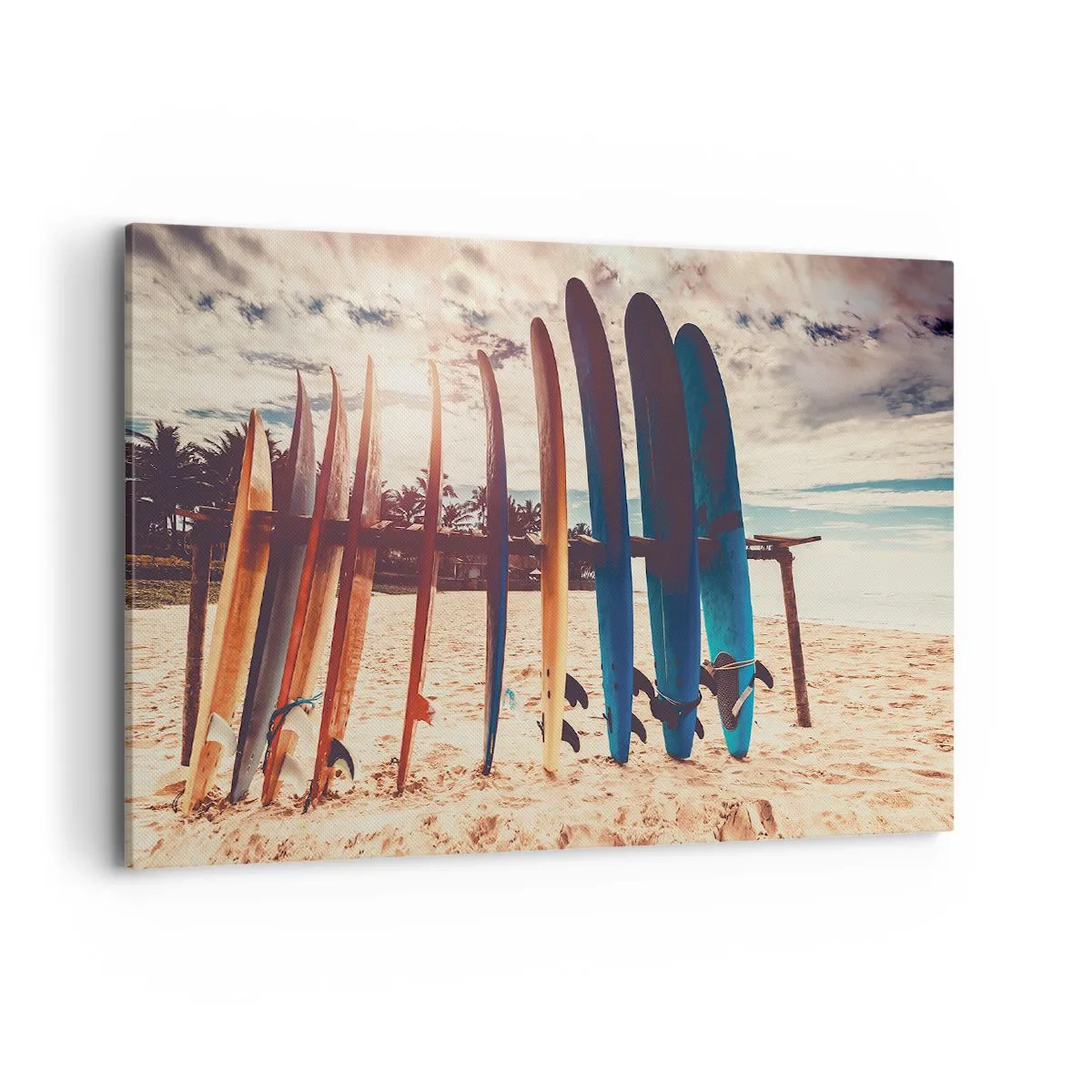 Impression sur toile - Image sur toile - Planches de surf sur la plage au coucher du soleil - 100x70cm - Bonne nuit, à demain - Décoration murale moderne pour le salon et la chambre ARTTOR