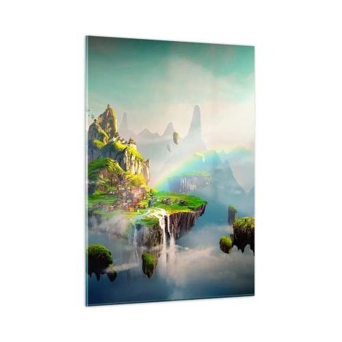 Impression sur verre - Image sur verre - Îles volantes dans les nuages avec arcs-en-ciel et cascades - 50x70cm - Au milieu des cieux - îles du bonheur - Décoration murale moderne pour le salon et la chambre ARTTOR