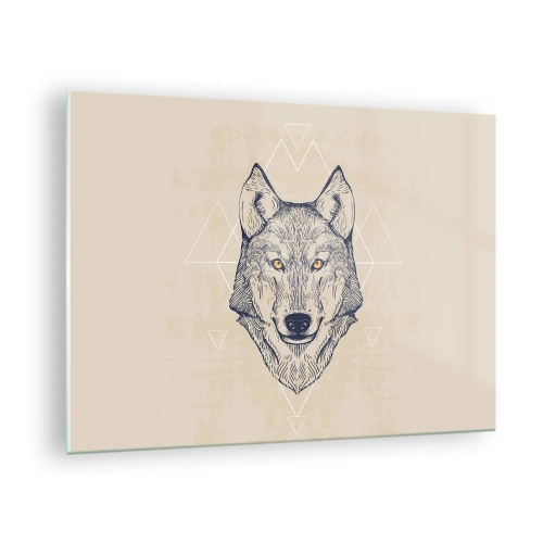 Impression sur verre - Image sur verre - Tête de loup sur fond de motifs géométriques - 70x50cm - Un alpha au regard pénétrant - Décoration murale moderne pour le salon et la chambre ARTTOR