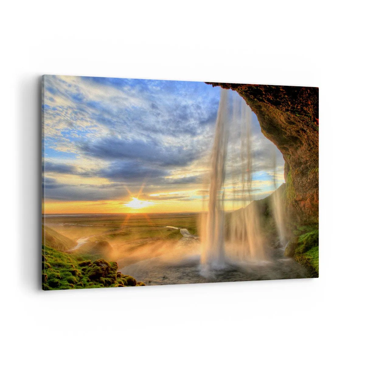 Impression sur toile - Image sur toile - Une cascade illuminée par la lumière du soleil sur fond de paysage - 100x70cm - Le monde derrière un voile de gouttes - Décoration murale moderne pour le salon et la chambre ARTTOR