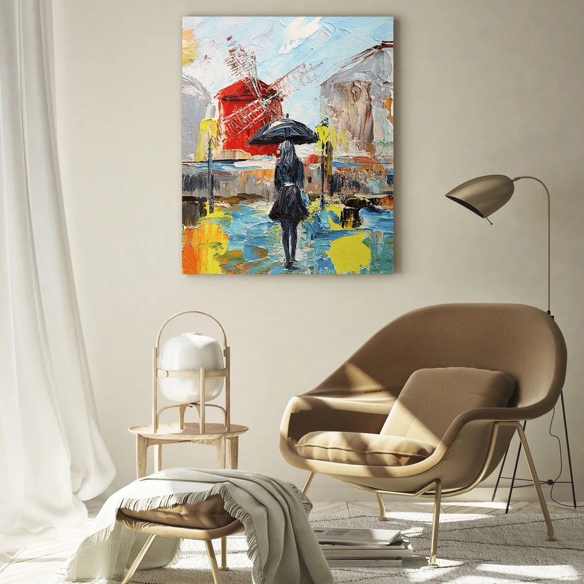 Impression sur verre - Image sur verre - Une femme avec un parapluie sur fond de ville dans le style de l'impressionnisme - 50x70cm - Légende parisienne - Décoration murale moderne pour le salon et la chambre ARTTOR