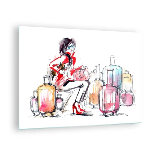 Impression sur verre - Image sur verre - Une femme en manteau rouge entourée de valises dans un style esquissé. - 70x50cm - Asseyons-nous avant le voyage - Décoration murale moderne pour le salon et la chambre ARTTOR