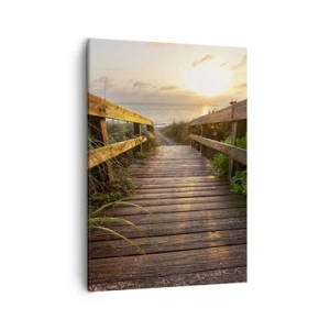 Impression sur toile - Image sur toile - Jetée en bois menant à la plage au coucher du soleil - 50x70cm - Tout droit vers le rivage - Décoration murale moderne pour le salon et la chambre ARTTOR