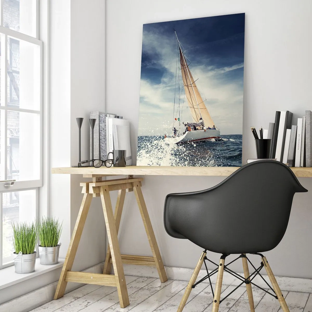 Impression sur verre - Image sur verre - Un yacht naviguant sur une mer agitée sous un ciel bleu - 50x70cm - Ils ne nous rattraperont pas ! - Décoration murale moderne pour le salon et la chambre ARTTOR