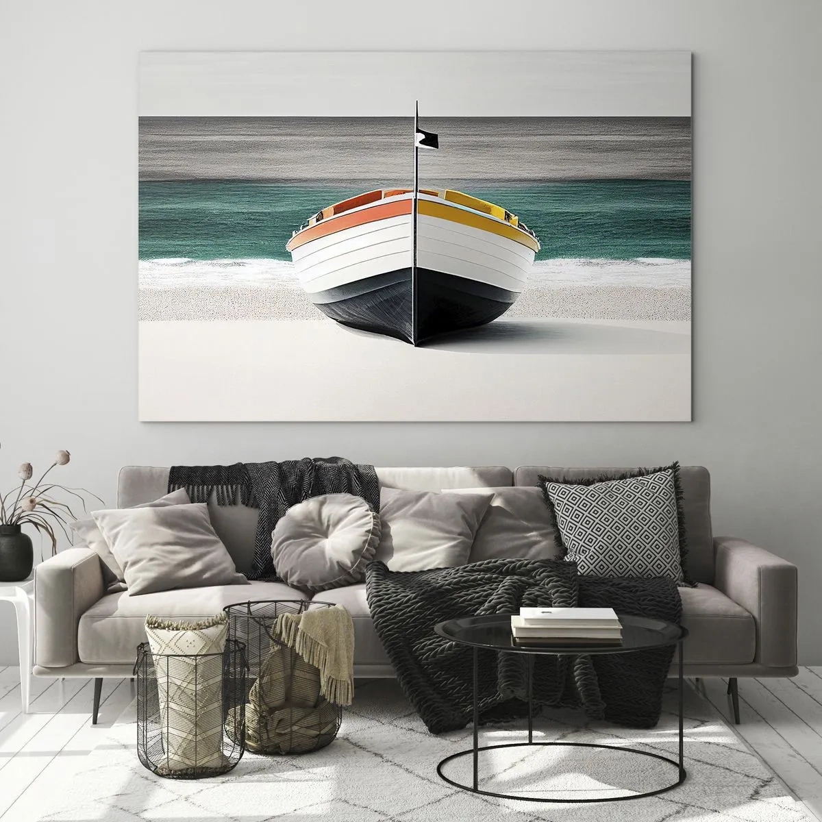 Impression sur verre - Image sur verre - Un bateau coloré sur la plage avec une mer turquoise en arrière-plan - 70x50cm - A sa place - Décoration murale moderne pour le salon et la chambre ARTTOR