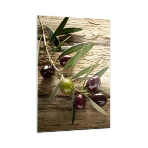 Impression sur verre - Image sur verre - Branche d'olivier sur fond de bois - 50x70cm - Directement de la nature - Décoration murale moderne pour le salon et la chambre ARTTOR
