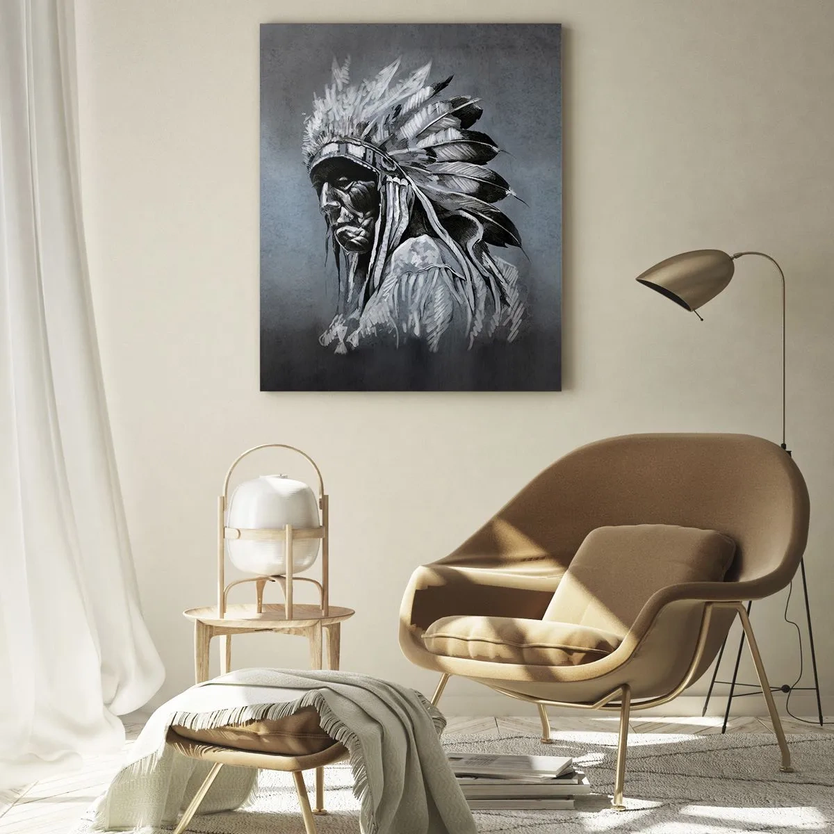 Impression sur verre - Image sur verre - Portrait d'un homme avec une coiffe de plumes sur un fond gris foncé - 50x70cm - Retour aux sources - Décoration murale moderne pour le salon et la chambre ARTTOR