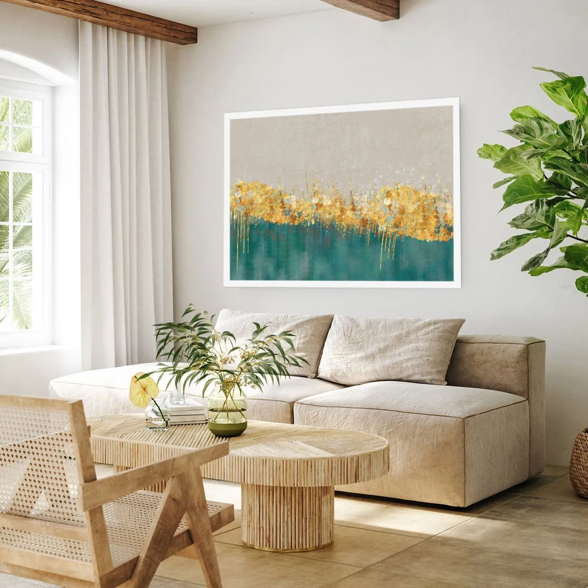 Affiche - Poster - Des accents dorés sur un fond vert-beige - 100x70cm - La frontière dorée - Décoration murale moderne pour le salon et la chambre ARTTOR