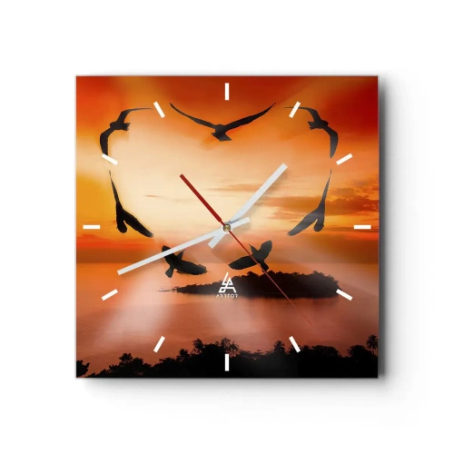 Horloge murale - Pendule murale - Oiseaux formant un cœur sur fond de soleil couchant - 30x30cm - Aimer le monde comme les oiseaux - Décoration murale moderne pour le salon et la chambre ARTTOR