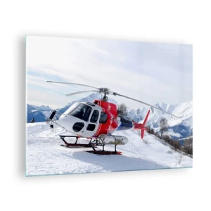 Impression sur verre - Image sur verre - Un hélicoptère rouge dans un paysage de montagne hivernal - 70x50cm - Toujours prêt - Décoration murale moderne pour le salon et la chambre ARTTOR