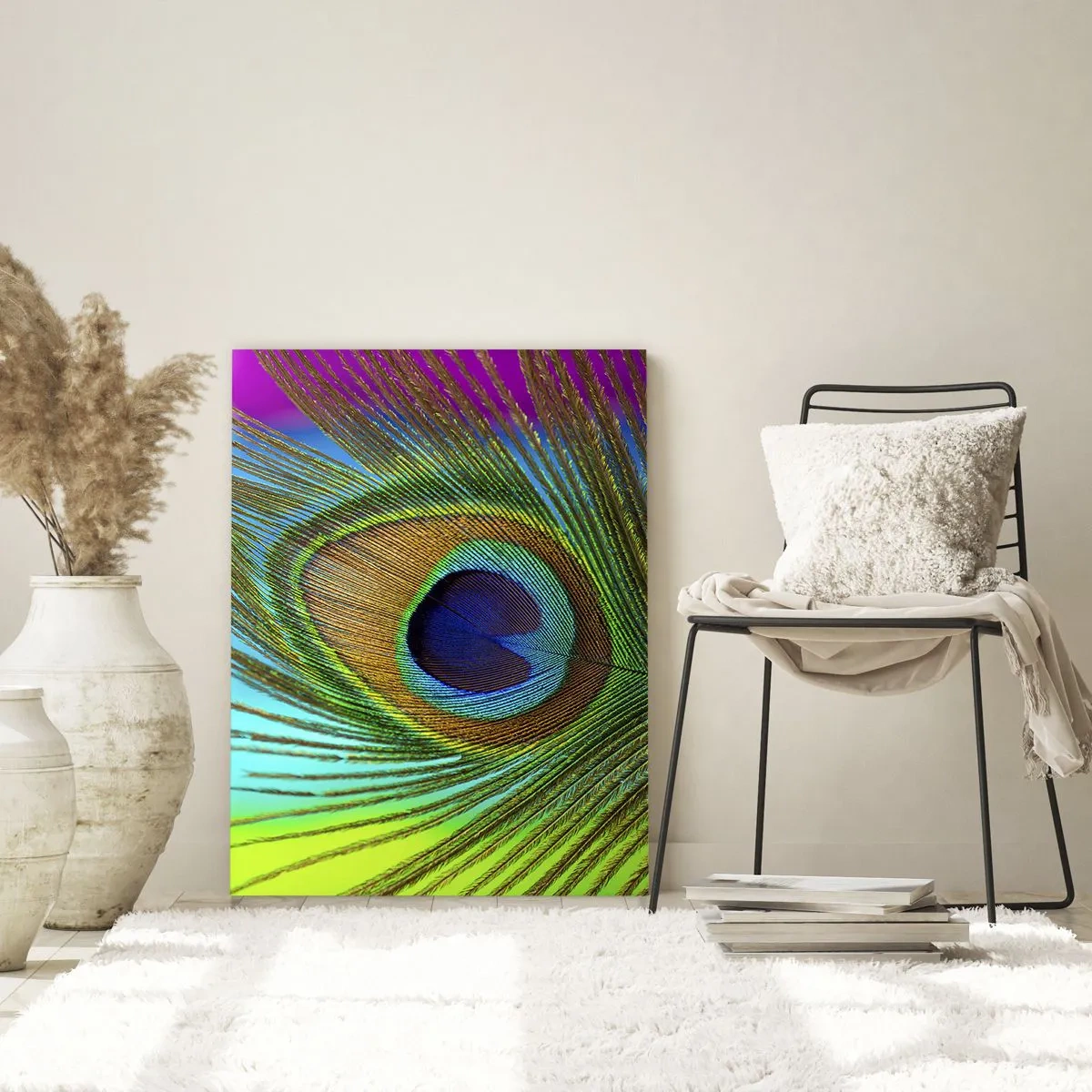 Impression sur verre - Image sur verre - Gros plan d'une plume de paon colorée - 50x70cm - Les yeux dans les yeux - Décoration murale moderne pour le salon et la chambre ARTTOR