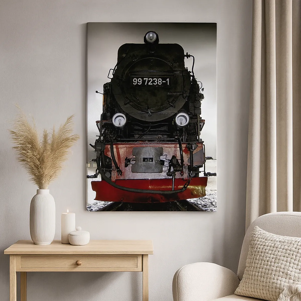 Impression sur toile - Image sur toile - Une locomotive à vapeur entourée de vapeur sur un ciel sombre dans un décor atmosphérique - 50x70cm - Il se lève et siffle, halète et souffle - Décoration murale moderne pour le salon et la chambre ARTTOR