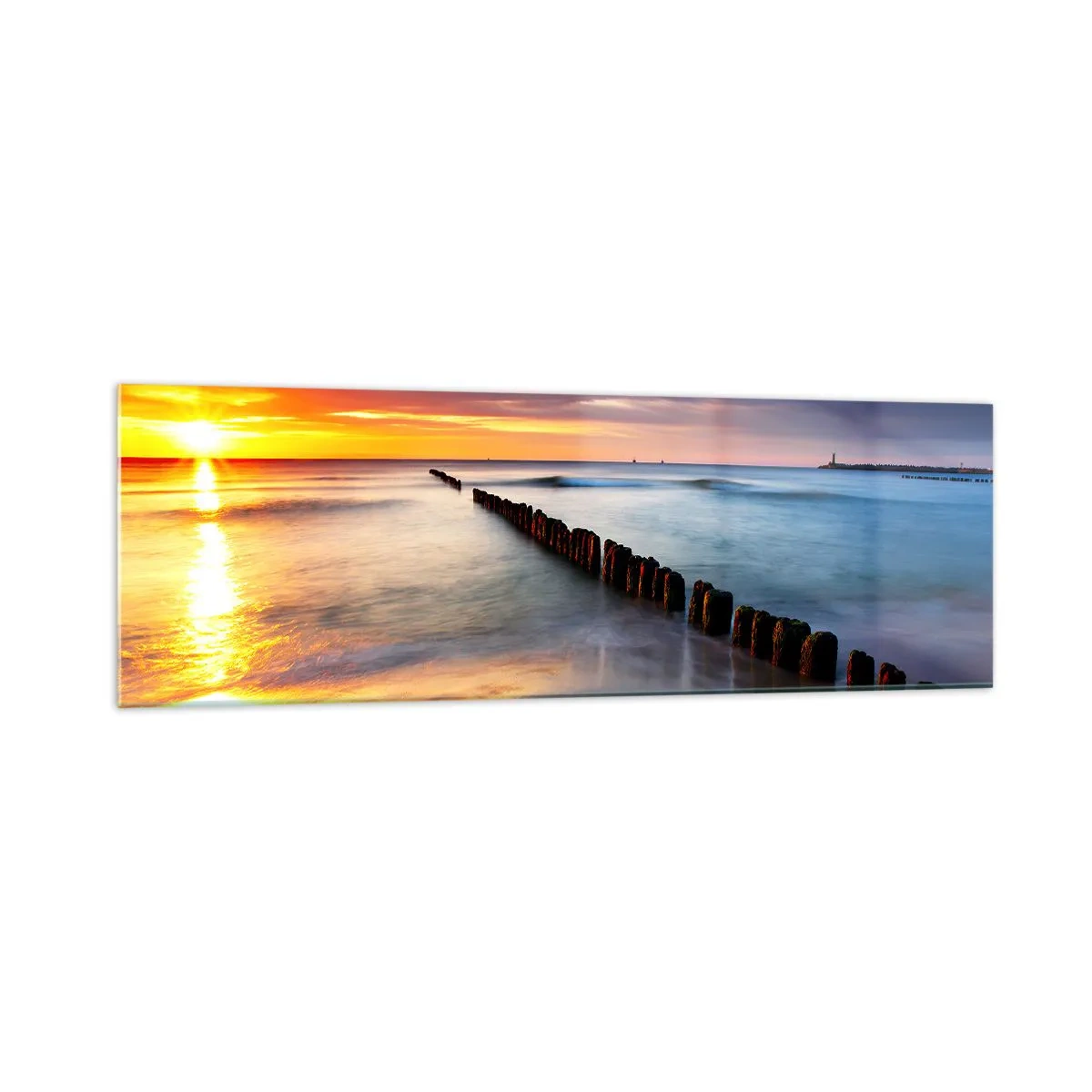 Impression sur verre - Image sur verre - Coucher de soleil sur la mer avec un brise-lames au premier plan - 160x50cm - Ecoute le silence - Décoration murale moderne pour le salon et la chambre ARTTOR