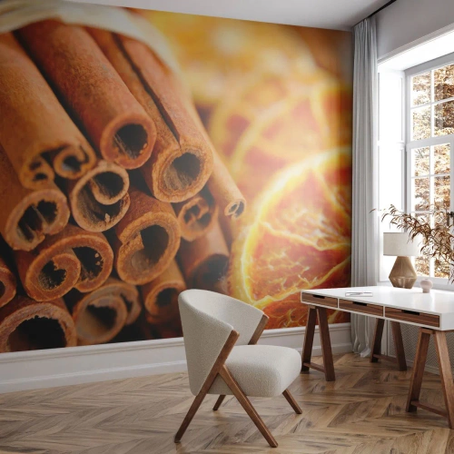 Papier Peint Photo Premium Canvas - Sentez-vous leurs odeurs? - Orange, Le bâton de cannelle, Épices - 250x175 cm