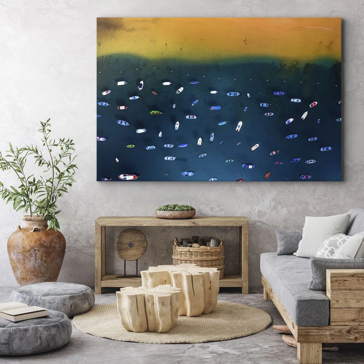 Impression sur toile - Image sur toile - Vue aérienne de bateaux sur l'eau et d'un rivage sablonneux - 120x80cm - Jeu de vacances - Décoration murale moderne pour le salon et la chambre ARTTOR