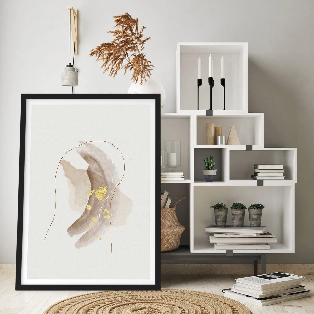 Affiche dans un cadre noir - Poster - Un motif abstrait en beige avec de délicats accents dorés. - 50x70cm - rencontré dans l'espace - Décoration murale moderne pour le salon et la chambre ARTTOR