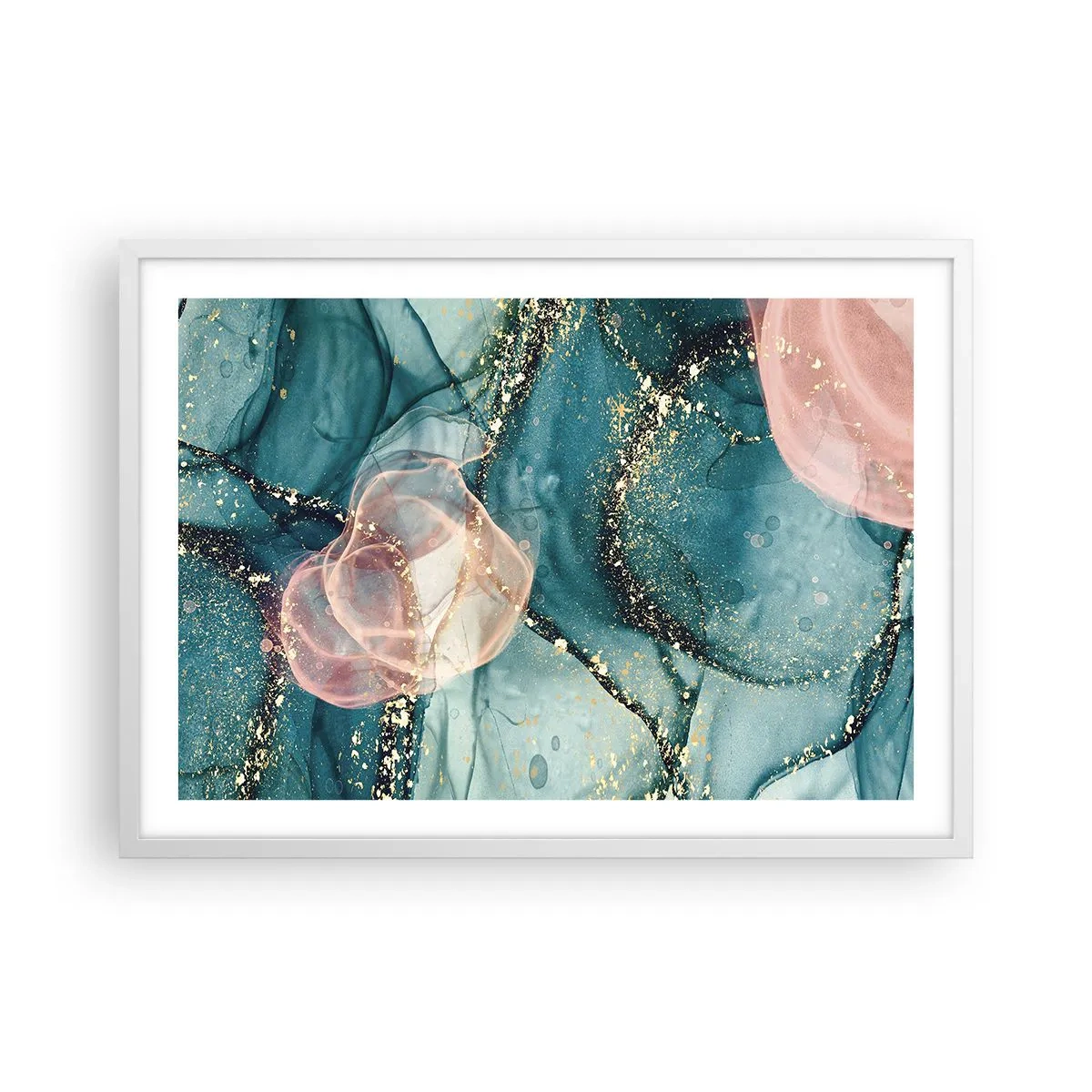 Affiche dans un cadre blanc - Poster - Soie bleu, tulle rose - 70x50 cm