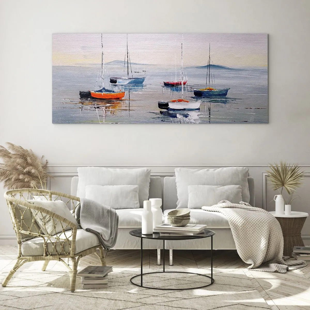 Impression sur verre - Image sur verre - Bateaux colorés sur une eau calme - 160x50cm - Un repos bien mérité - Décoration murale moderne pour le salon et la chambre ARTTOR