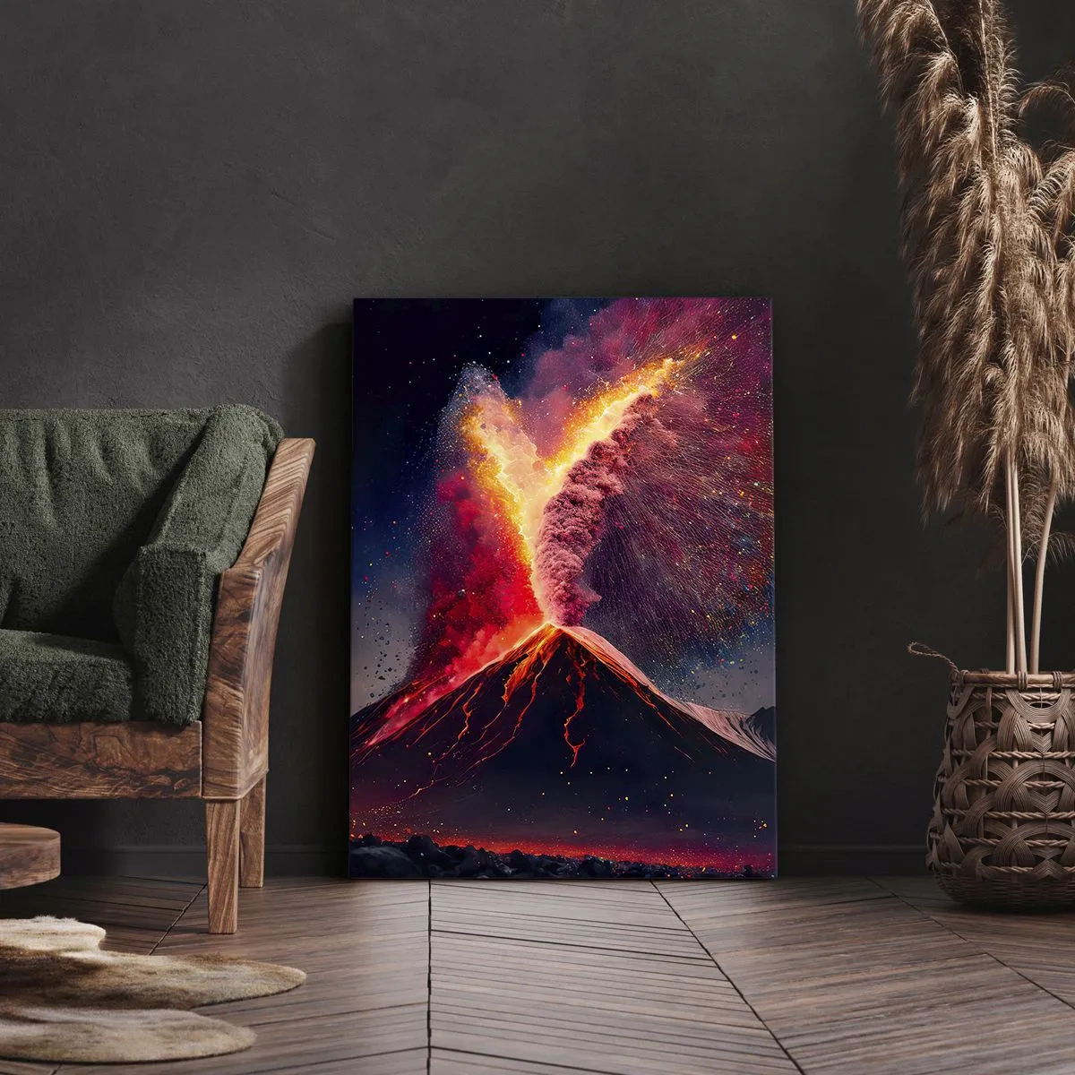 Impression sur toile - Image sur toile - Une éruption volcanique unique la nuit avec des couleurs dynamiques. - 70x100cm - Beauté et horreur - Décoration murale moderne pour le salon et la chambre ARTTOR