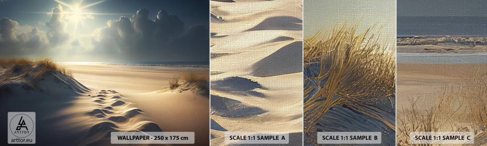 Échantillon de Papier Peint Premium Canvas - Un paysage apaisant - Dunes, Plage, Océan - 100x30 cm